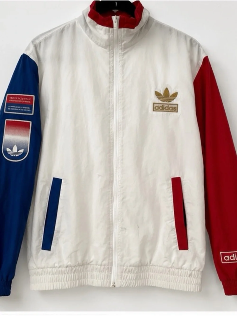 adidas White Puffer Jacket with Red & Blue Sleeves